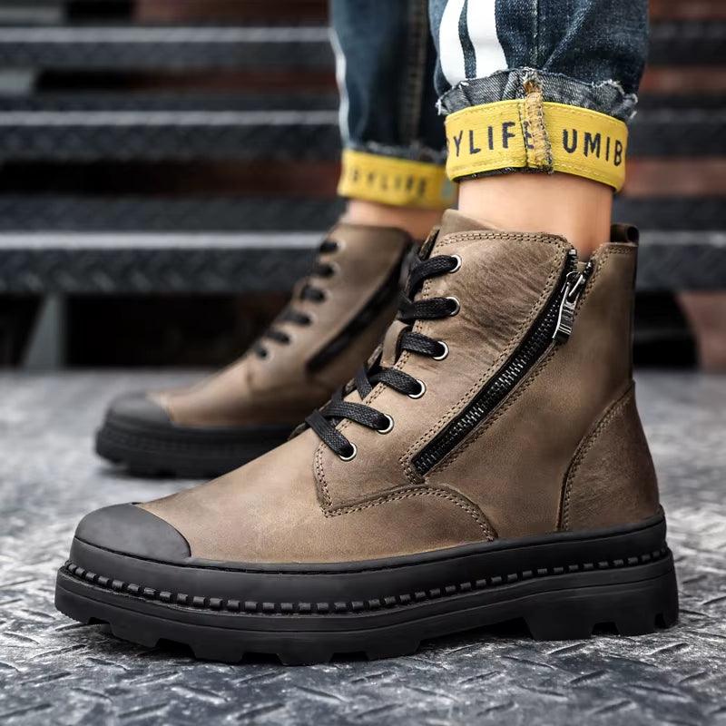 2023 New Fashion Side Zipper Ankle Boot Men Genuine Leather Work Shoes Designer Thick Bottom Boots Brand Outdoor Casual Shoes