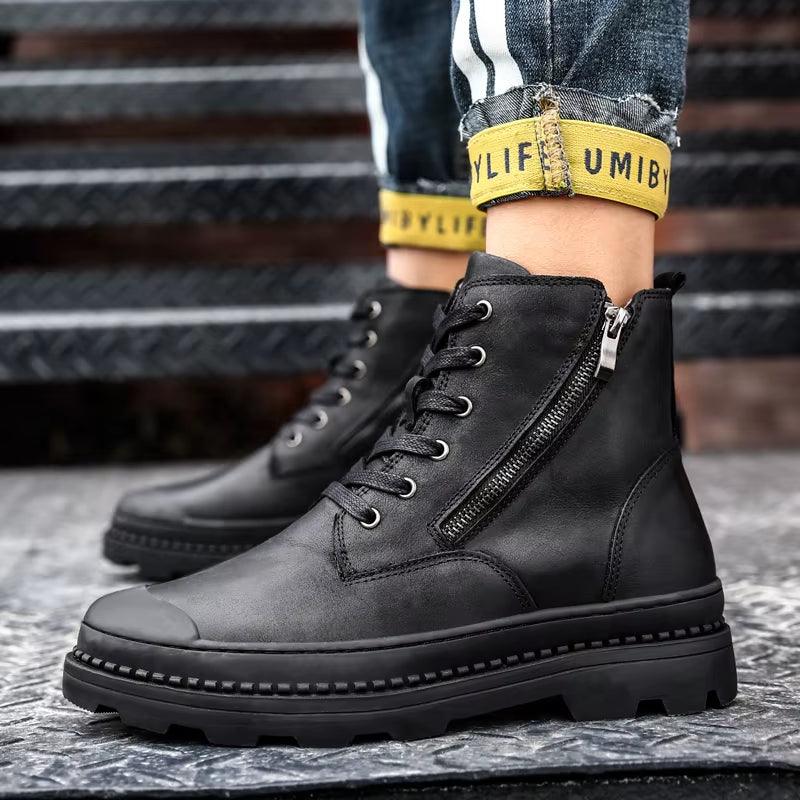 2023 New Fashion Side Zipper Ankle Boot Men Genuine Leather Work Shoes Designer Thick Bottom Boots Brand Outdoor Casual Shoes