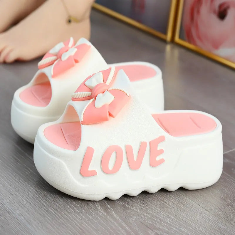 New 2025 White Pink Bow-Knot Slippers Woman High Platform EVA Slides Designer Sandals Beach Clogs Women Elevator Shoe