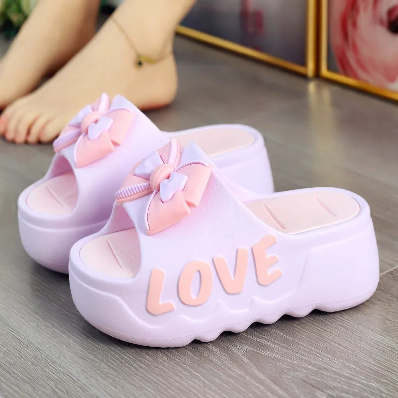 New 2025 White Pink Bow-Knot Slippers Woman High Platform EVA Slides Designer Sandals Beach Clogs Women Elevator Shoe