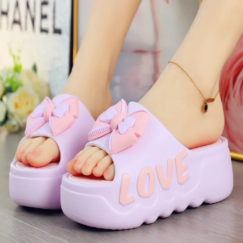 New 2025 White Pink Bow-Knot Slippers Woman High Platform EVA Slides Designer Sandals Beach Clogs Women Elevator Shoe
