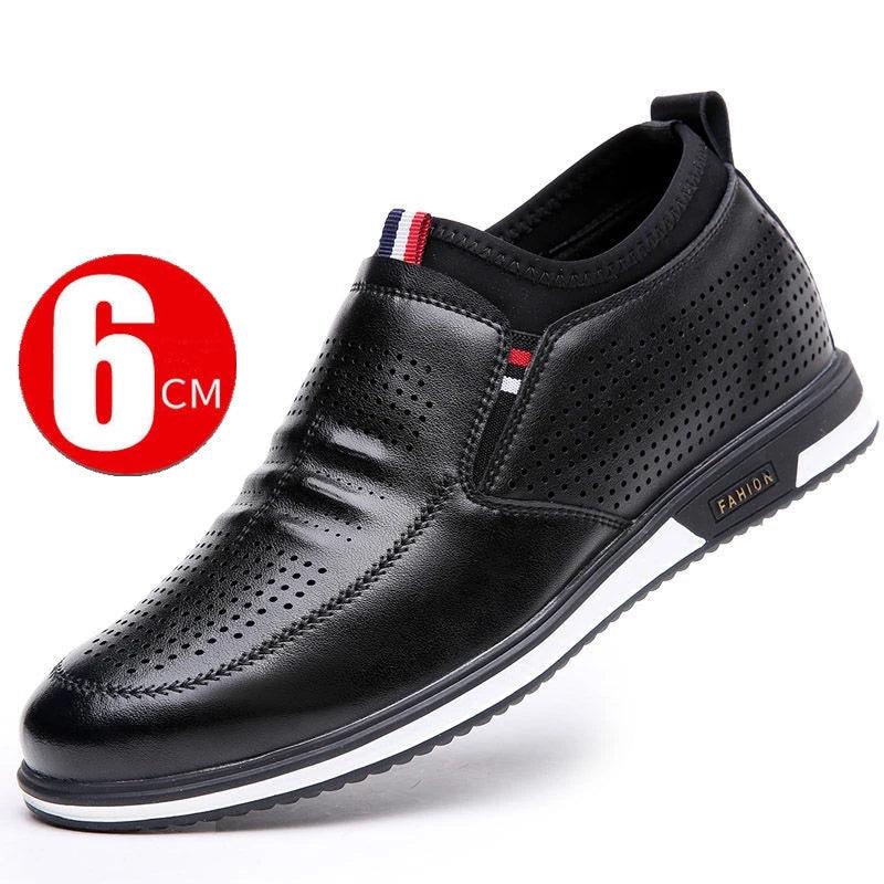 Men Hollow Breathable Cow Leather Casual Elevator Shoes Soft Comfortable Flat/6Cm Hidden Heels Height Increase Sneakes Tall Shoe