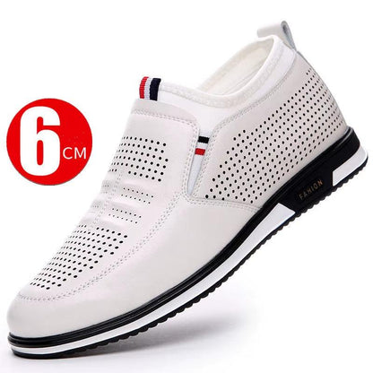 Men Hollow Breathable Cow Leather Casual Elevator Shoes Soft Comfortable Flat/6Cm Hidden Heels Height Increase Sneakes Tall Shoe